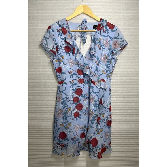 Bardot Mini Wrap Dress Size 8 Blue Red Floral Ruffle Chiffon Cut Out Back V Neck - Picture 1 of 11